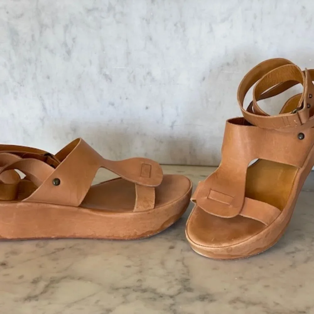 COCLICO Leather Platform Sandals Ankle Leg Wrap Tan Vintage 37